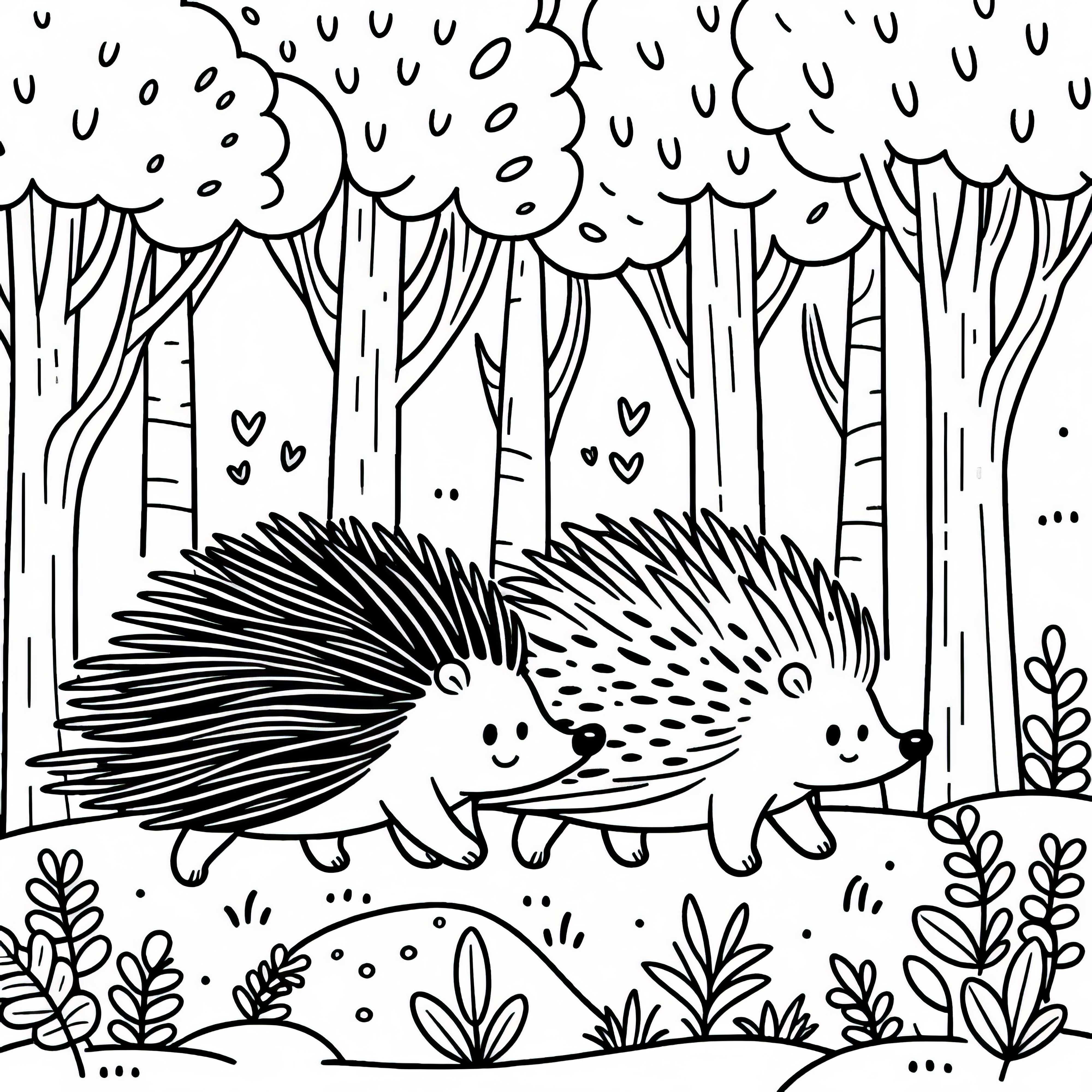 Two porcupines are walking side by side through the forest - free coloring page Two porcupines are walking side by side through the forest - free coloring page