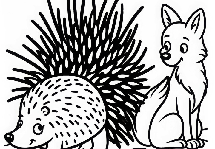 The porcupine threatens the fox with its quills - Free coloring page