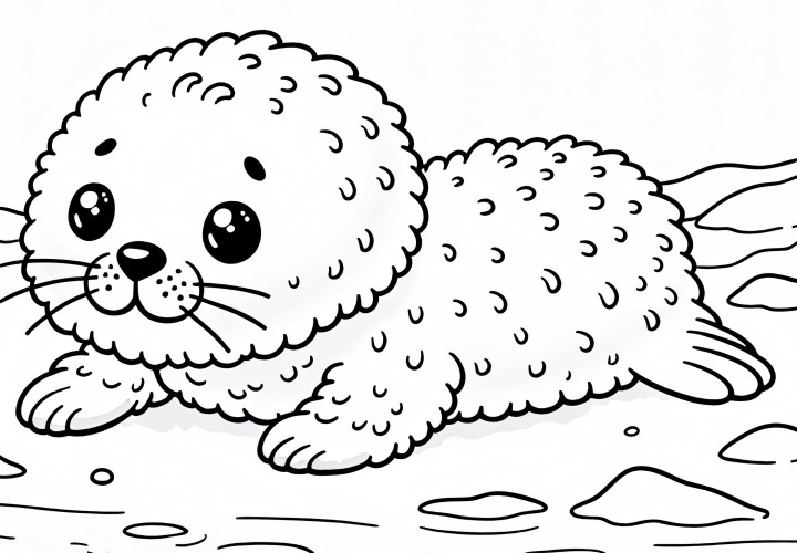 Micuța fociță cu blană pufoasă se târăște pe zăpadă – Fișă de colorat simplă gratuită