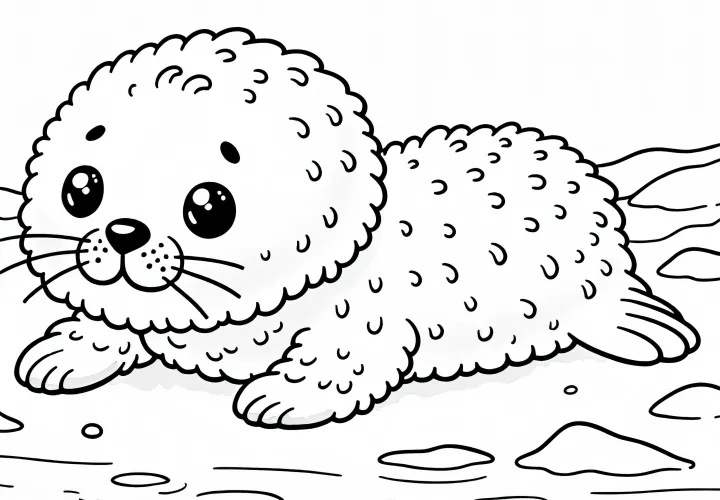 Маленькая тюлень с пушистым мехом ползет по снегу – раскраска просто бесплатно