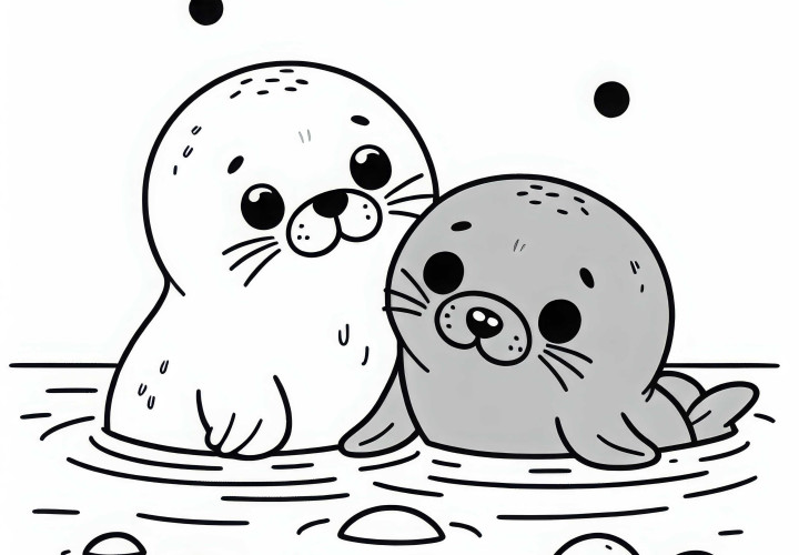 Two Seals Playing Together in Shallow Water - Coloring Page Simple Free