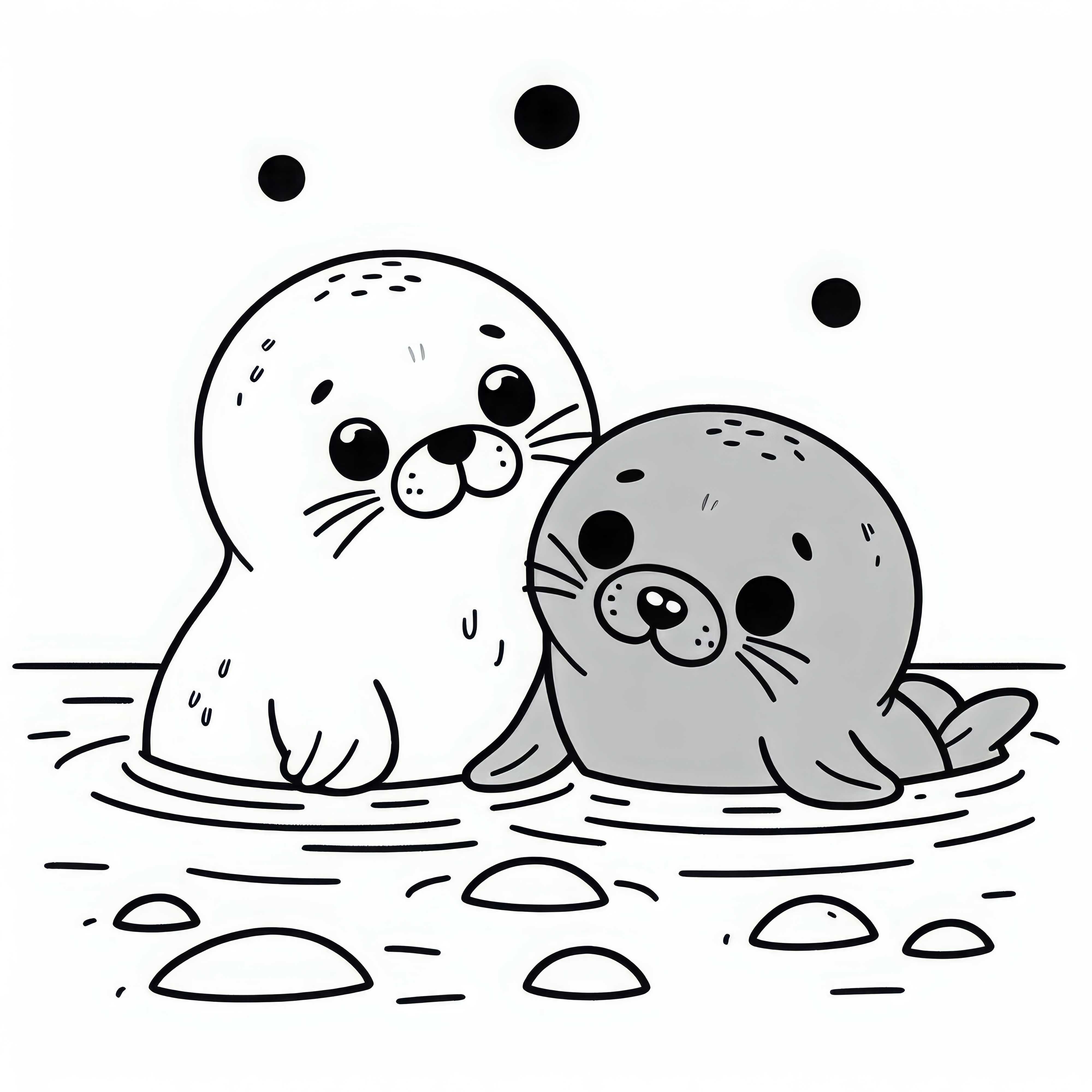 두 바다표범이 얕은 물에서 함께 노는 모습 – 간단한 무료 색칠하기 그림 두 마리 바다표범이 얕은 물에서 놀고 있는 모습 - 쉽고 무료로 색칠하기 그림