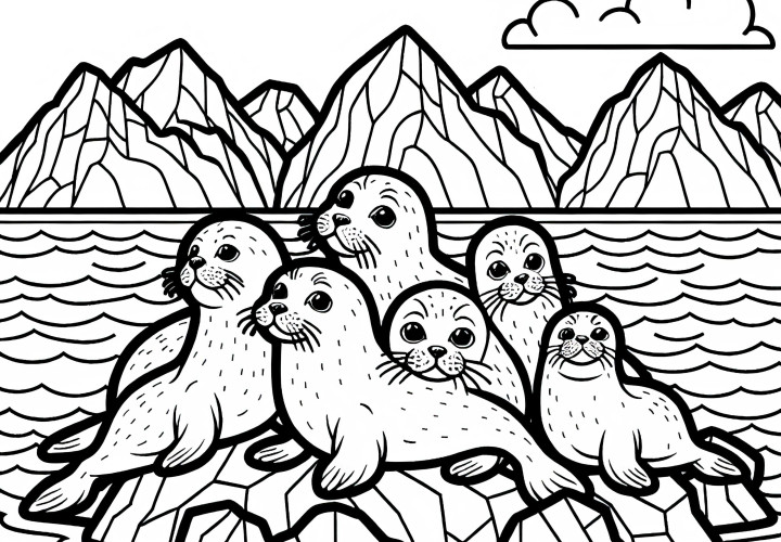 O grupă de foci stă înghesuită pe stânci în mare – Desen de colorat gratuit