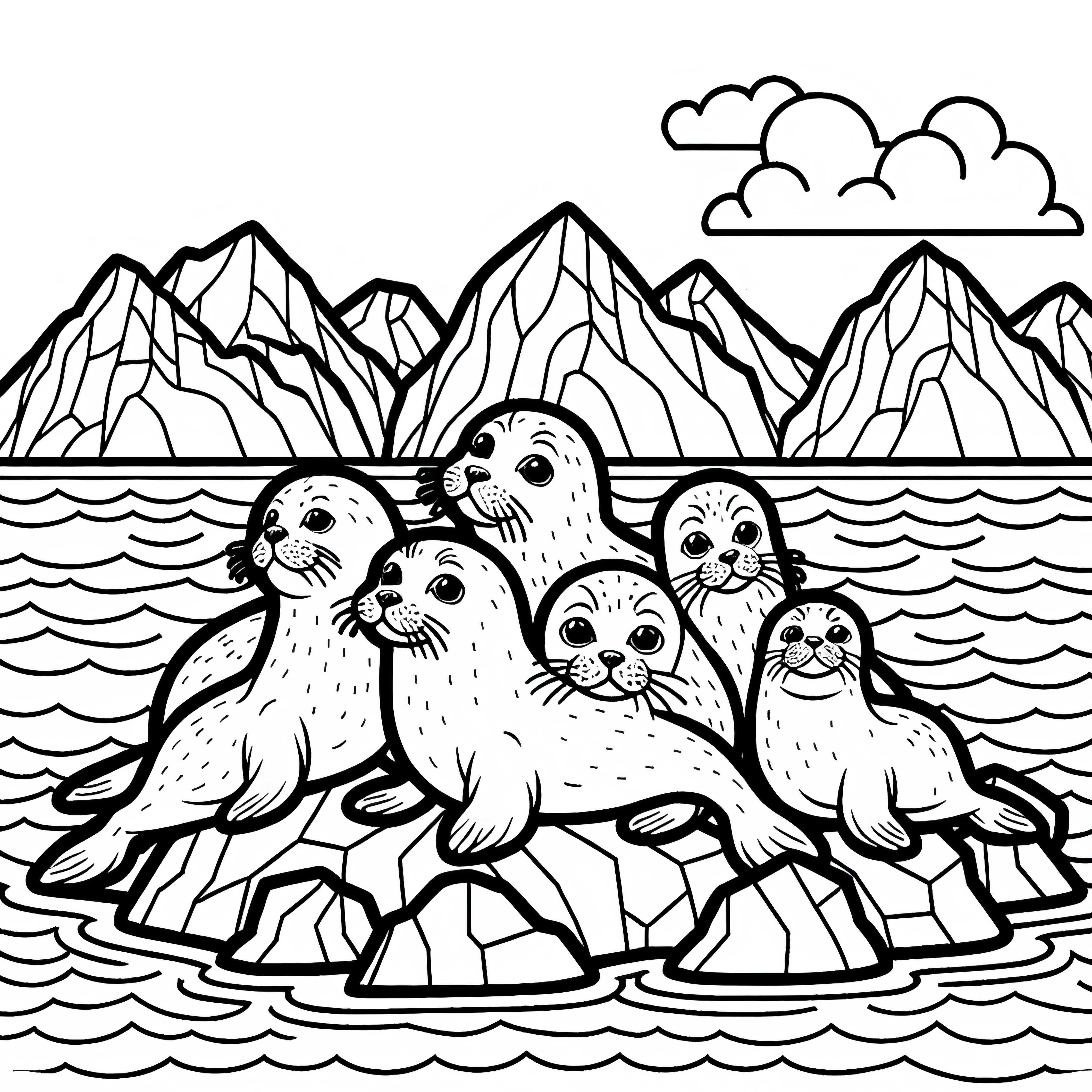 海の岩の上にぎゅうぎゅう詰めに寝ているアザラシの群れ - 無料の塗り絵 海の岩の上に密集しているアザラシの群れ – 無料の塗り絵