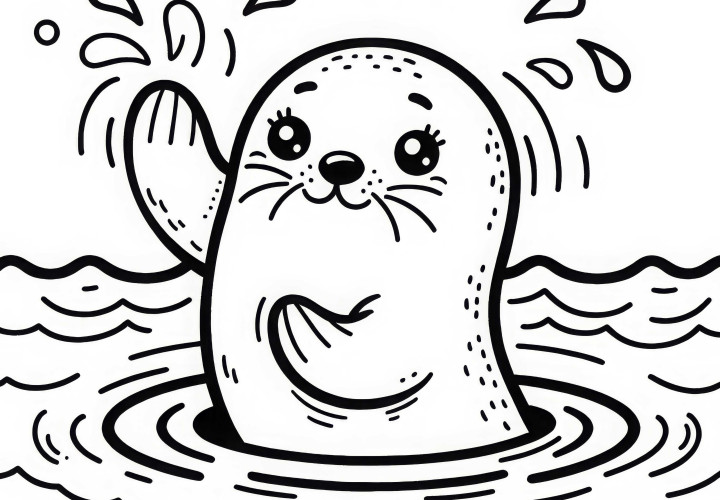 Seal playfully splashes with its flippers on the water - free coloring page