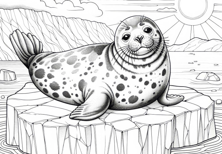Seal lies relaxed on an ice floe and enjoys the sun – Detailed coloring page for free