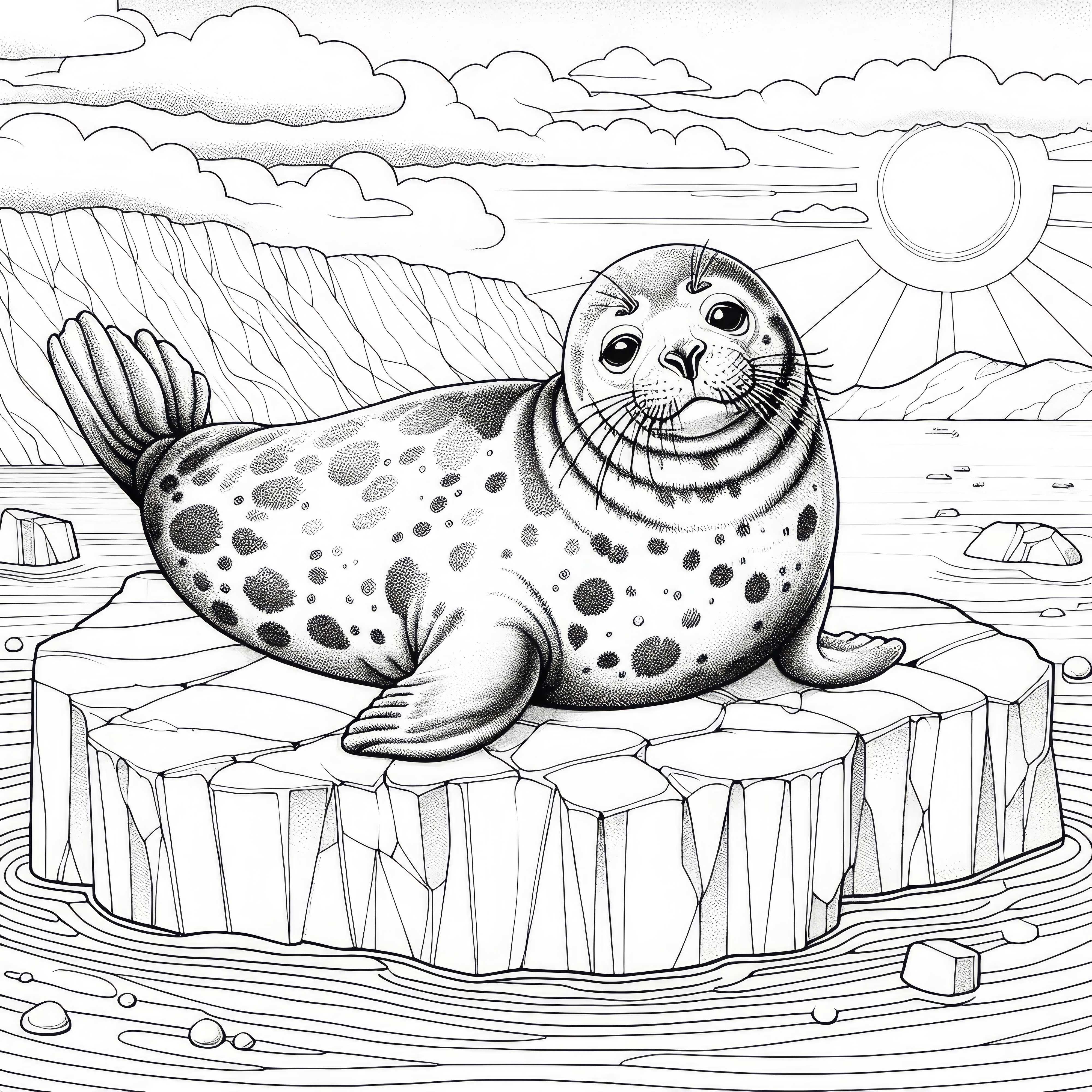 물범이 얼음판 위에 편안하게 누워 태양을 즐기고 있습니다 - 세부가 풍부한 무료 색칠 그림