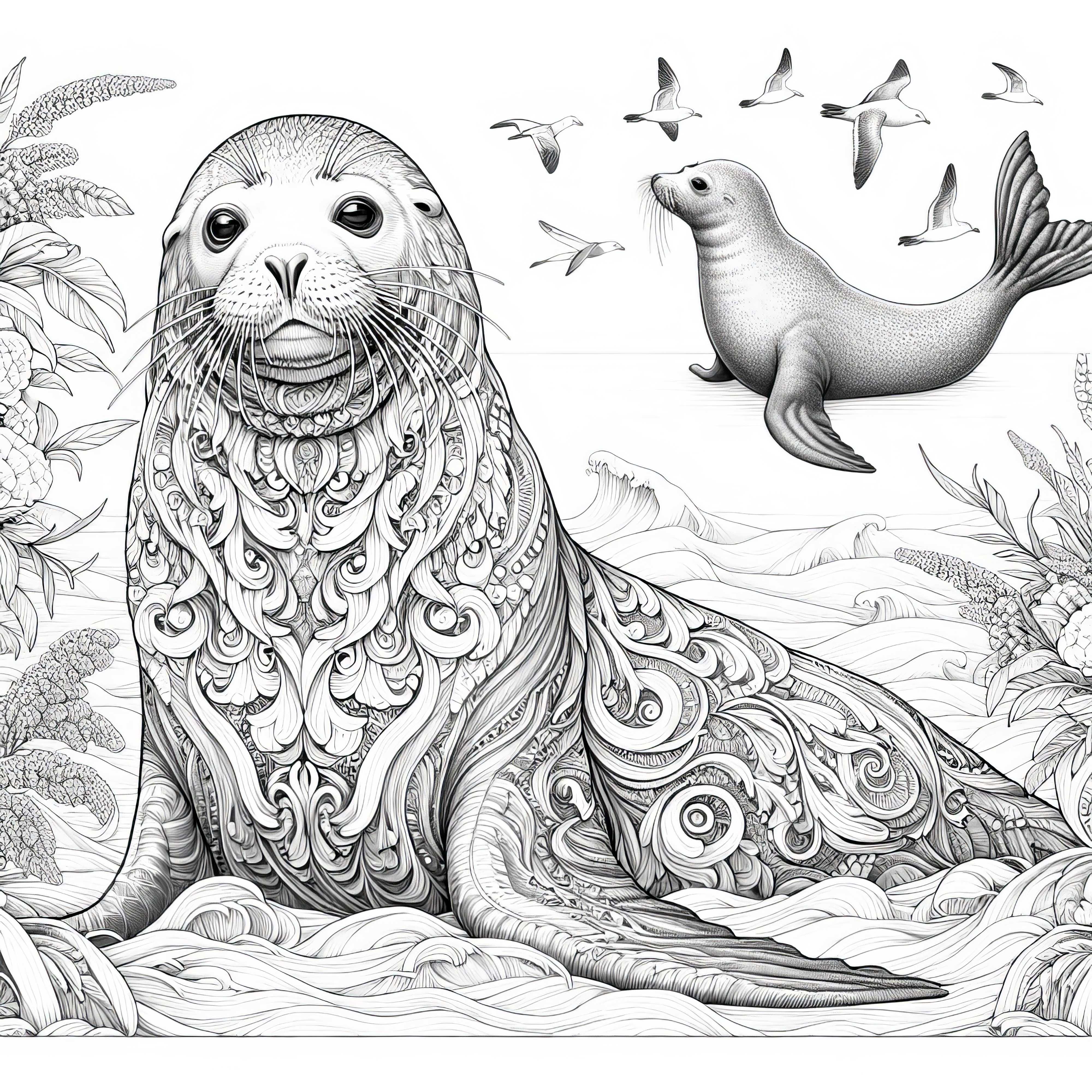바다표범 색칠하기 - 세부사항이 풍부하고 무료