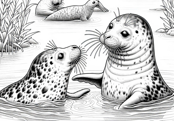 Două foci se joacă una cu cealaltă în apa puțin adâncă - desen de colorat detaliat gratuit