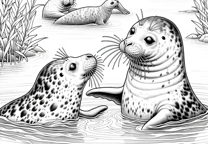 Две тюлени играют друг с другом в мелкой воде – раскраска с подробным рисунком бесплатно