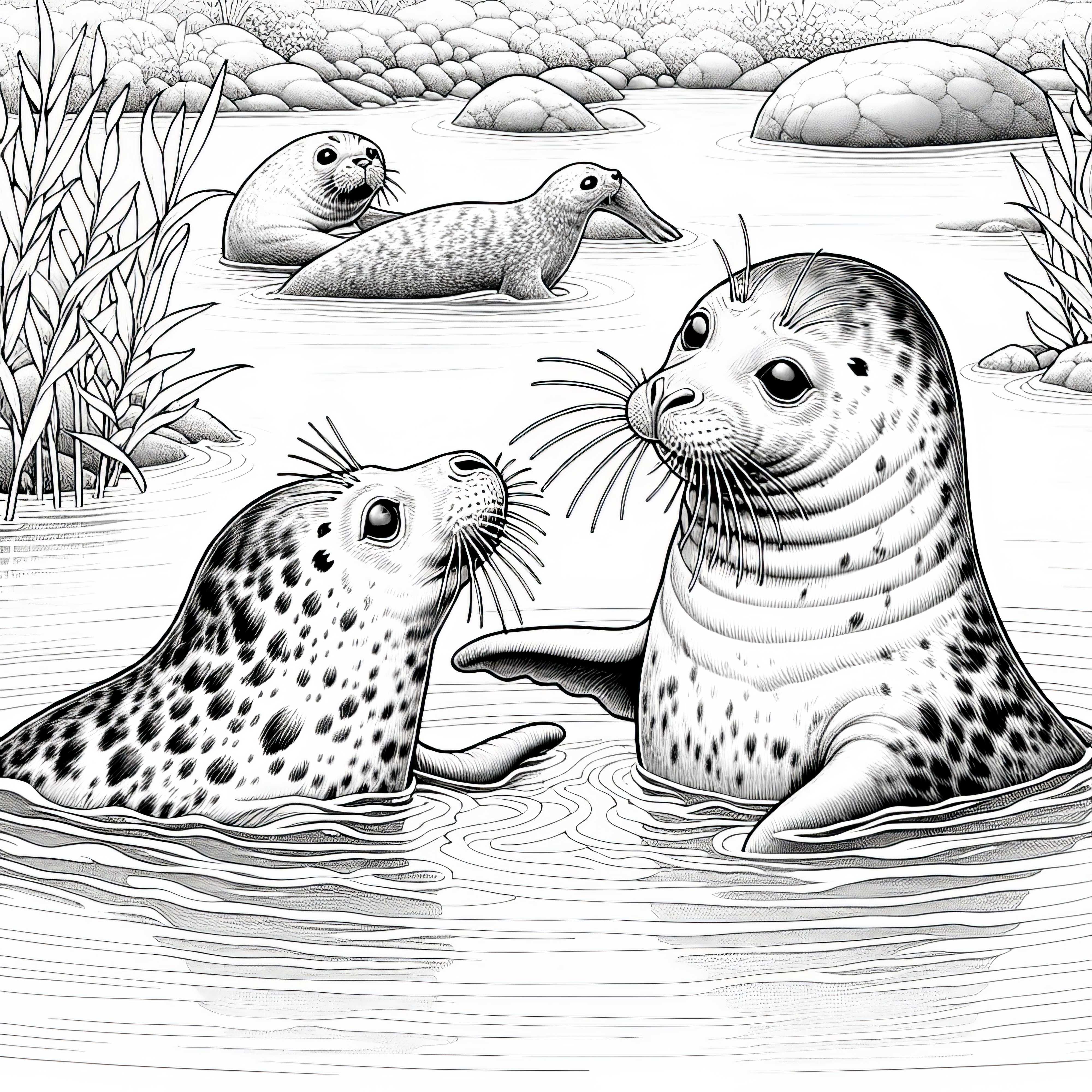 Two seals are playing together in shallow water – detailed coloring page for free