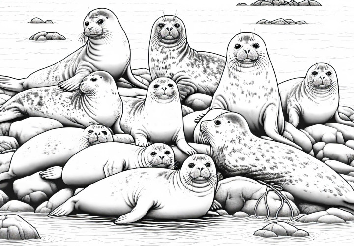 Group of Seals Lying Closely Together on Rocks by the Sea - Coloring Page