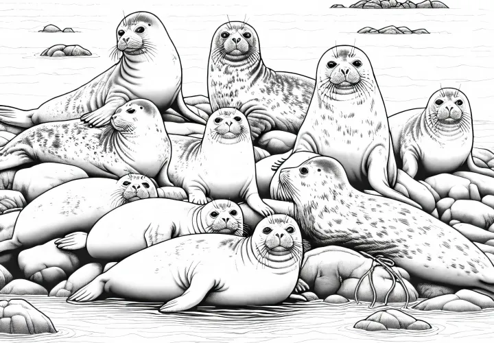 Группа тюленей плотно лежит на скалах у моря – раскраска
