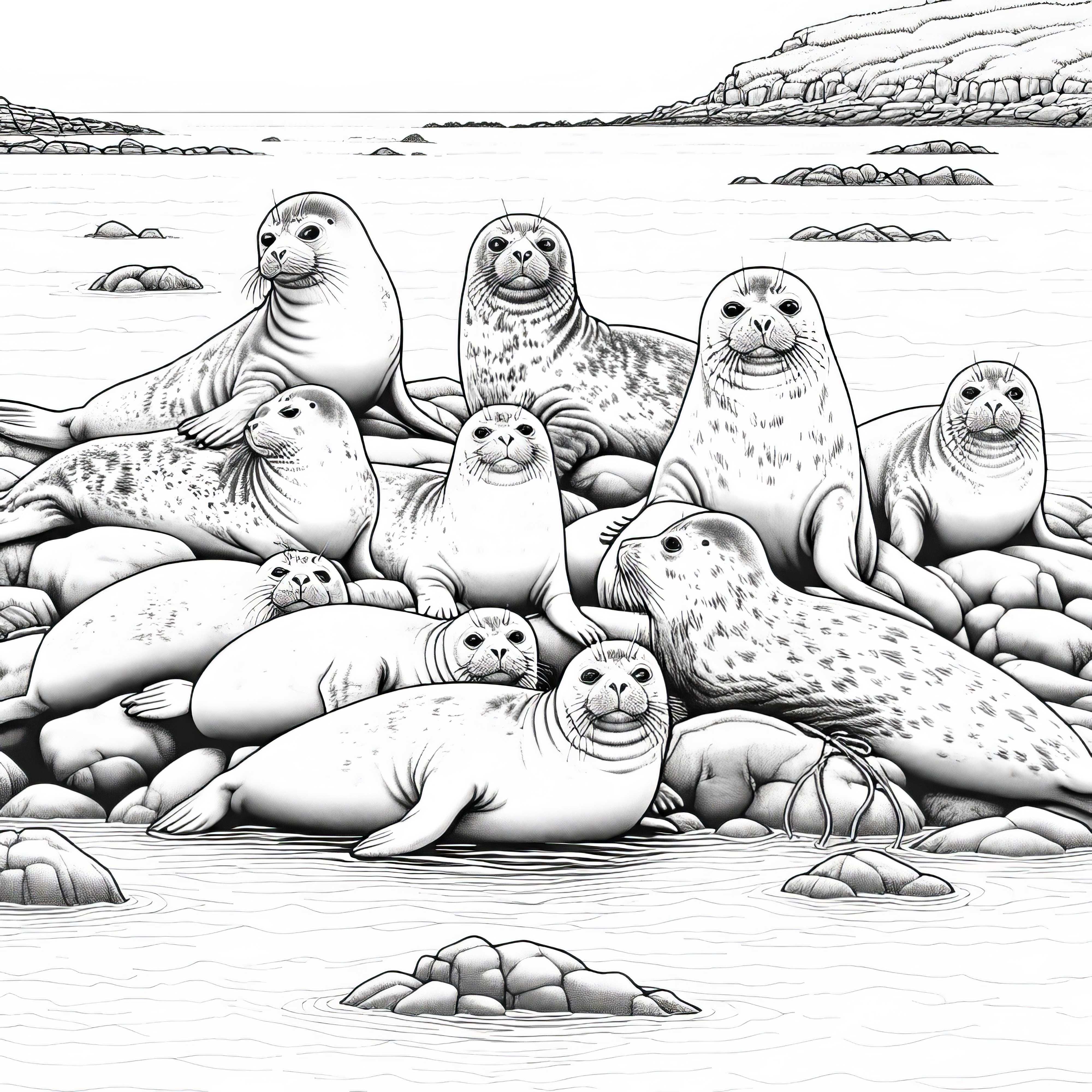 Group of seals lies closely together on rocks by the sea - coloring page Group of Seals Lies Close Together on Rocks by the Sea – Coloring Page