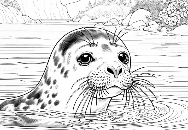 Тюлень любопытно поднимает свою голову из воды и смотрит вокруг – подробная раскраска