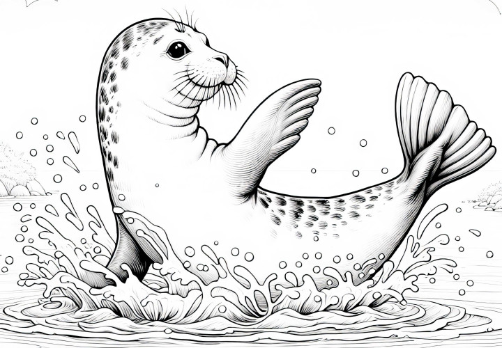 Seal playfully slaps the water with its flippers - coloring page in detail