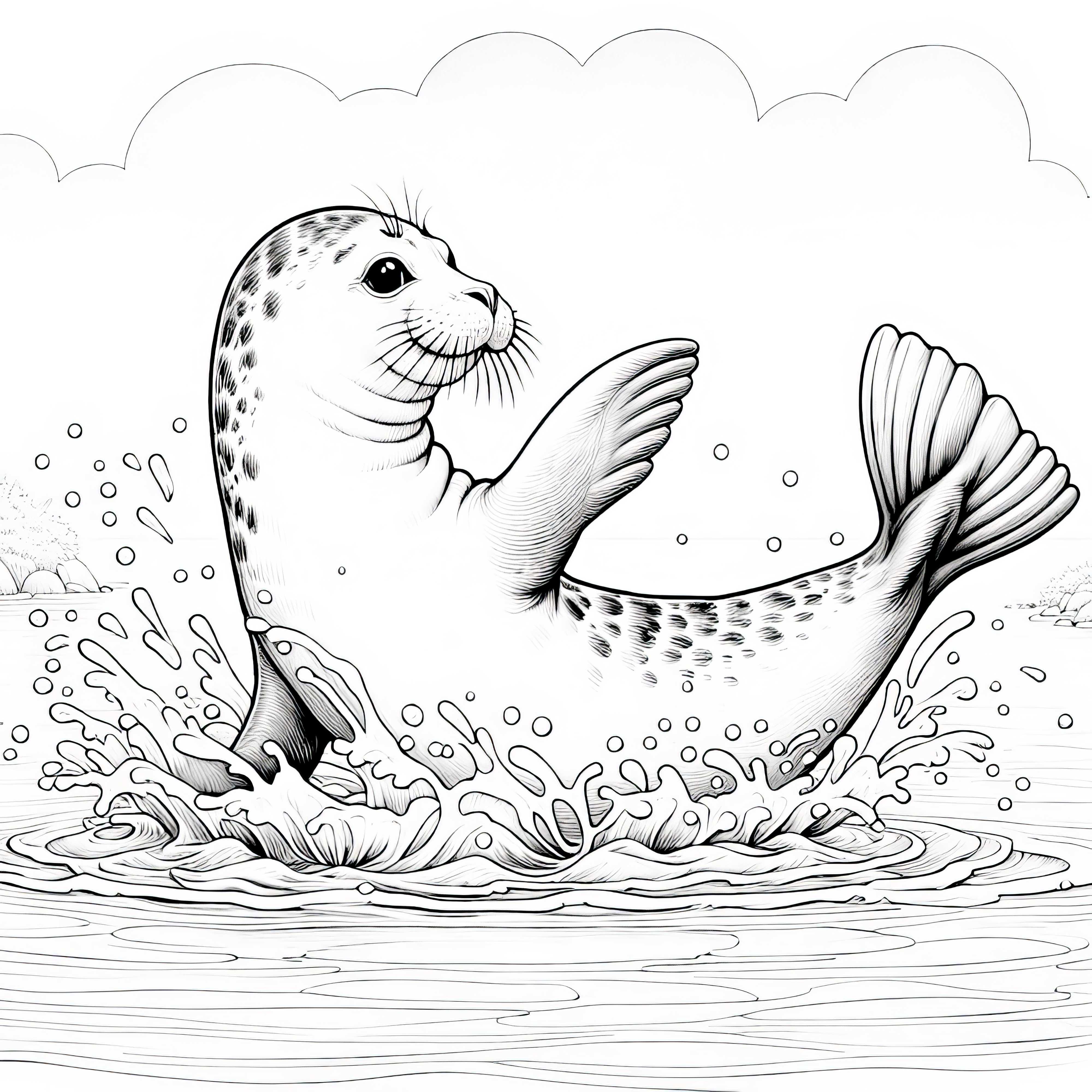 바다표범이 장난스럽게 지느러미로 물을 치고 있습니다 - 세부 사항이 담긴 색칠하기 도안