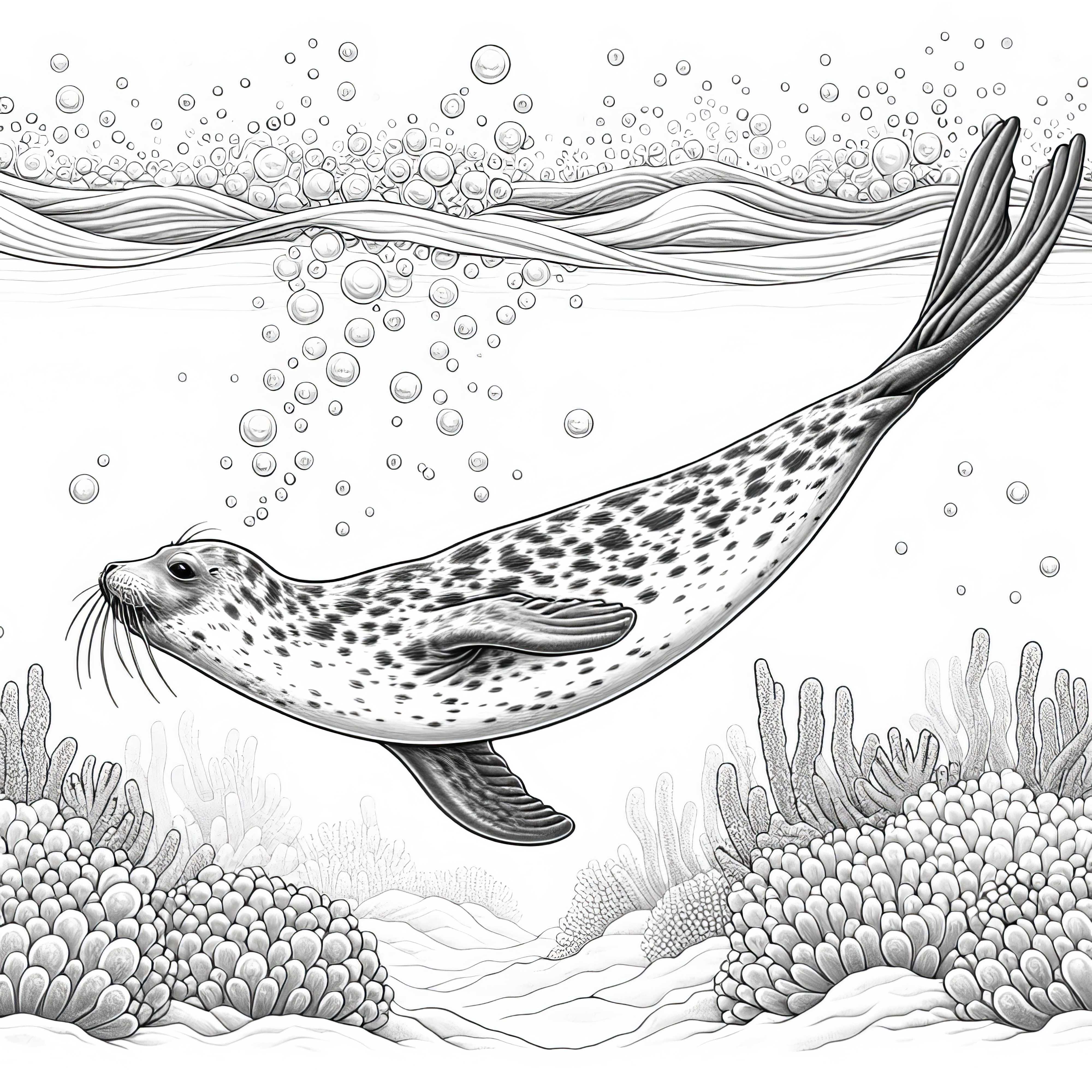 Seal dives elegantly into the sea and leaves a trail of bubbles – coloring page detailed and free