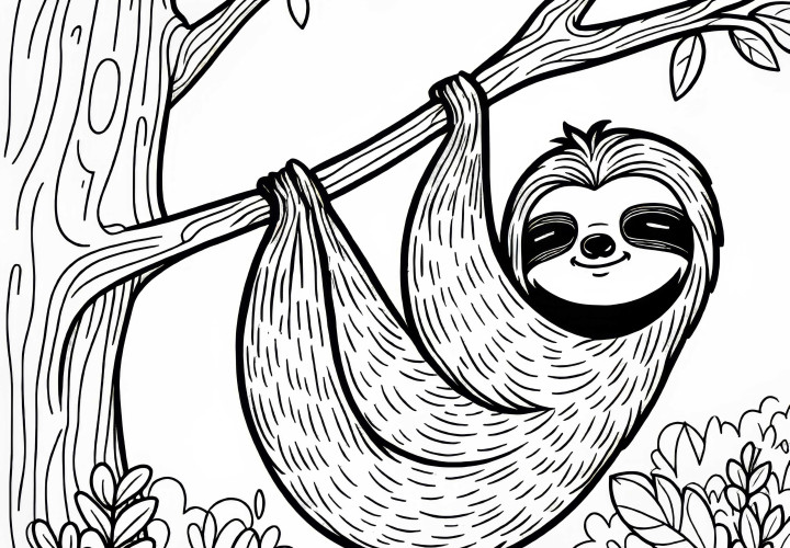 Paresseux se suspend à l'arbre : Dessin à colorier simple (Gratuit) Paresseux suspendu détendu à l'arbre : Dessin à colorier simple (Gratuit)