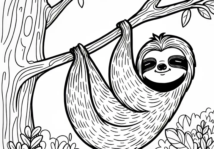 Ленивец спокойно висит на дереве: Простой раскраска (Бесплатно)