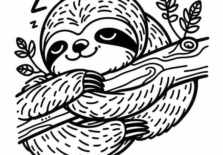 Лень спит на ветке: раскраска для раскрашивания (бесплатно)