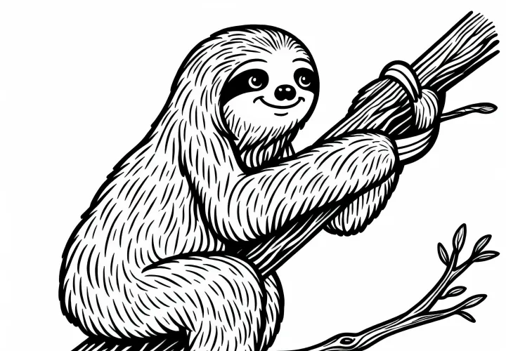 Ленивец лазит по ветке: Раскраска для скачивания (Бесплатно)