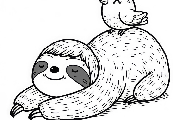 Paresseux avec un petit oiseau sur le dos : Image à colorier gratuite Paresseux avec petit oiseau sur le dos : Coloriage gratuit