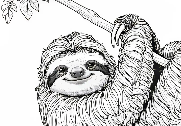 Ленивец расслабленно висит на ветке: Бесплатная раскраска