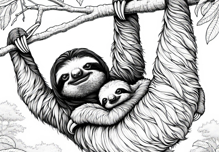 Maman paresseux porte son petit : Modèle de coloriage détaillé (Gratuit) La mère paresseuse porte son petit : modèle de coloriage détaillé (gratuit)