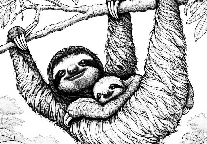 Мать ленивца несет своего детеныша: детализированная раскраска (бесплатно)