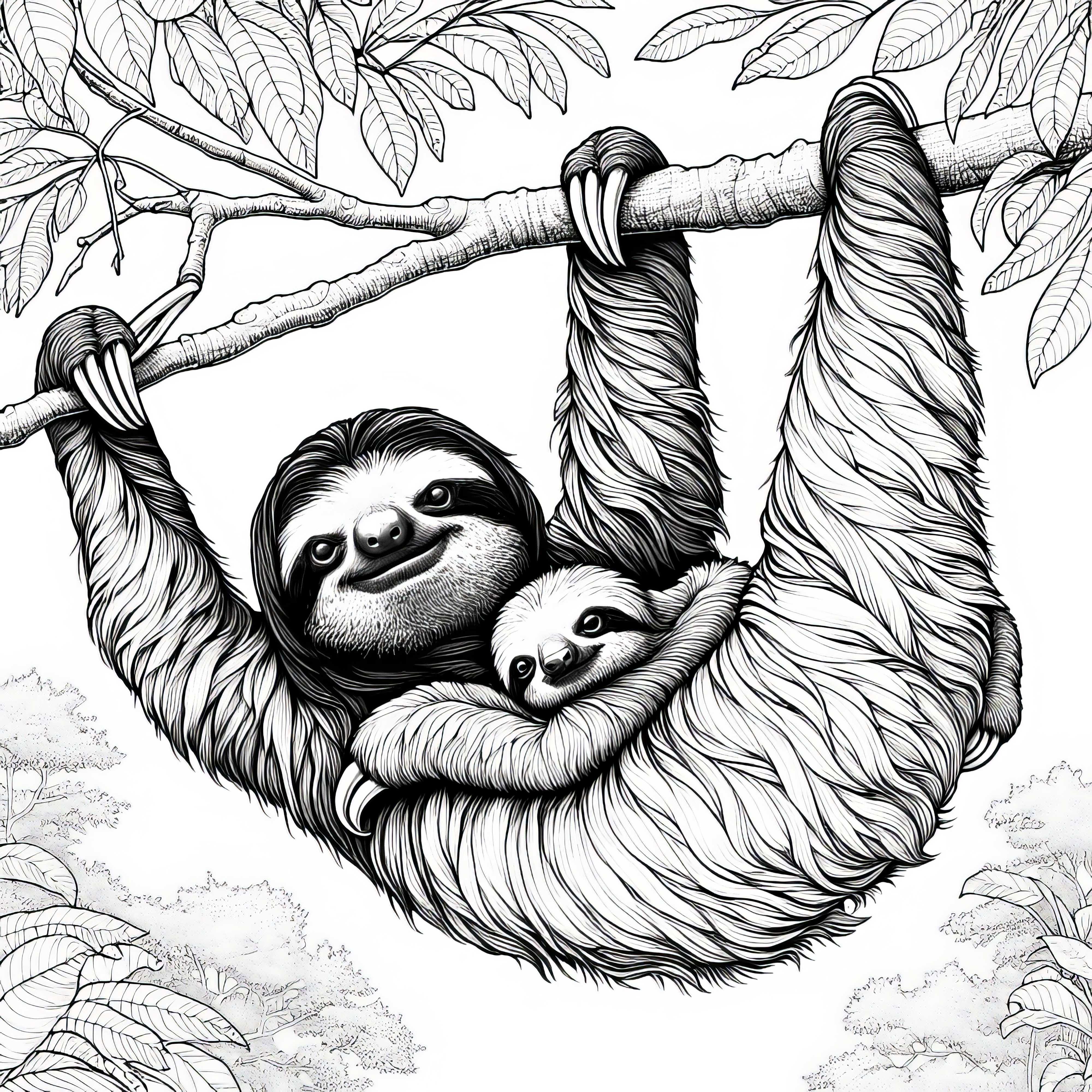 Maman paresseux porte son petit : modèle de coloriage détaillé (gratuit)