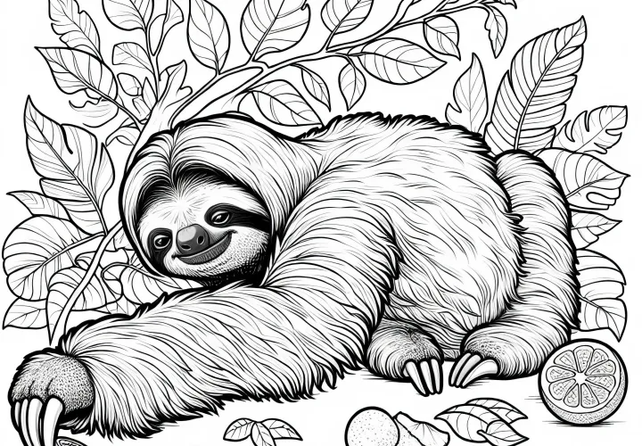 Ленивец тянет лапу к фрукту: Раскраска для скачивания (Бесплатно)