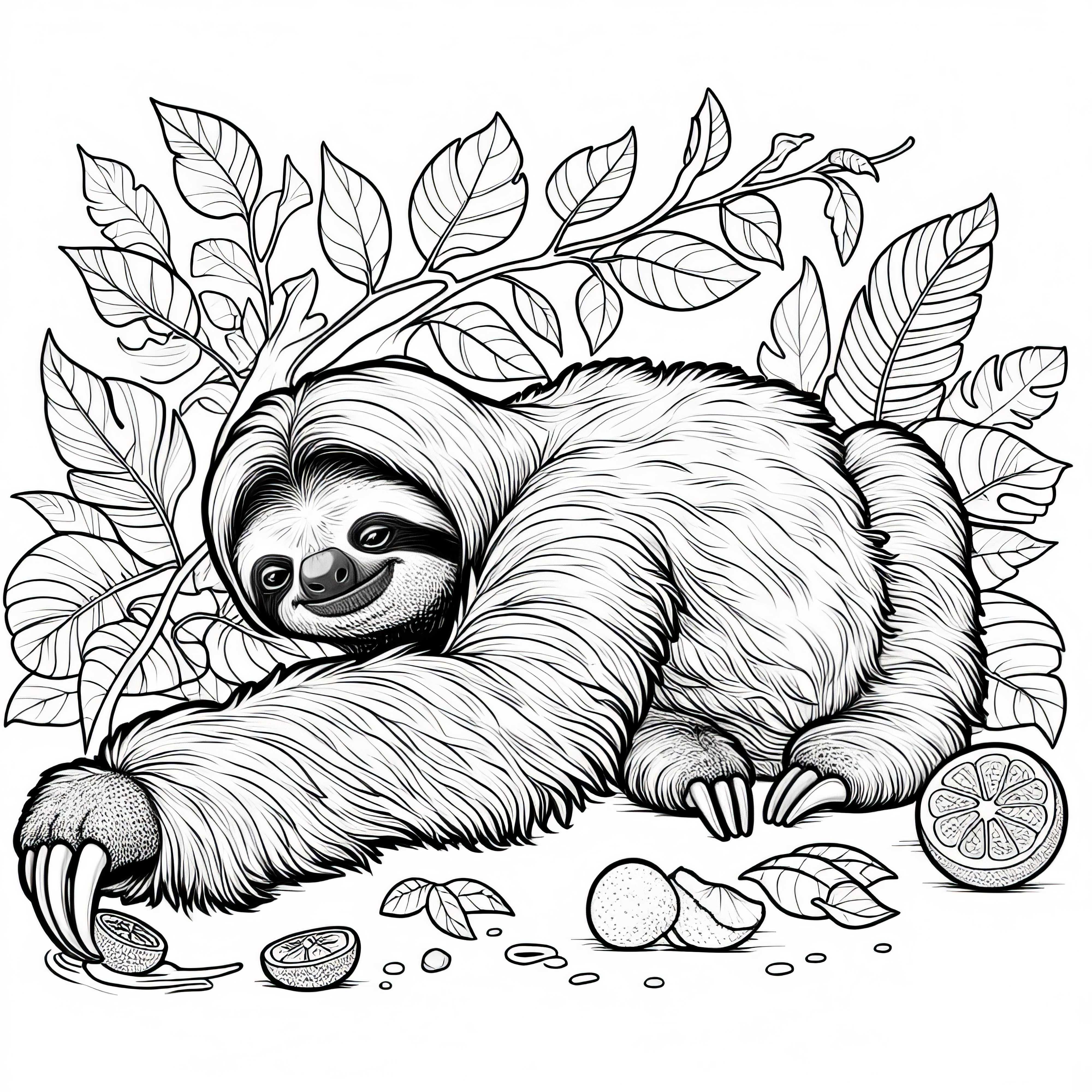 Paresseux tend la patte vers un fruit : Image à colorier à télécharger (Gratuit)