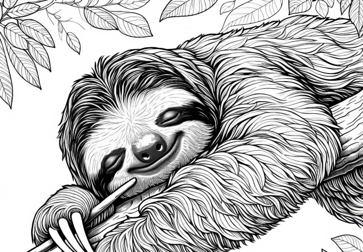 Paresseux dort sur une branche : Modèle à colorier en haute qualité (Gratuit) Paresseux dort sur une branche : Dessin à colorier en haute qualité (Gratuit)