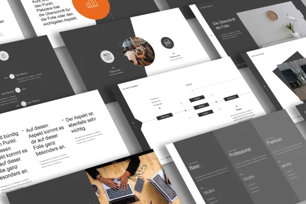 Forhåndsvisning af dias skabeloner i WatchIt-design til PowerPoint, Google Slides og Keynote.