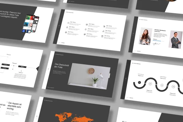 Forhåndsvisning af dias-skabeloner i WatchIt-design til PowerPoint, Google Slides og Keynote.