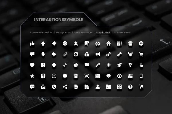 50 Symbole für Interaktionen und Navigationselemente auf Webseiten und Apps.