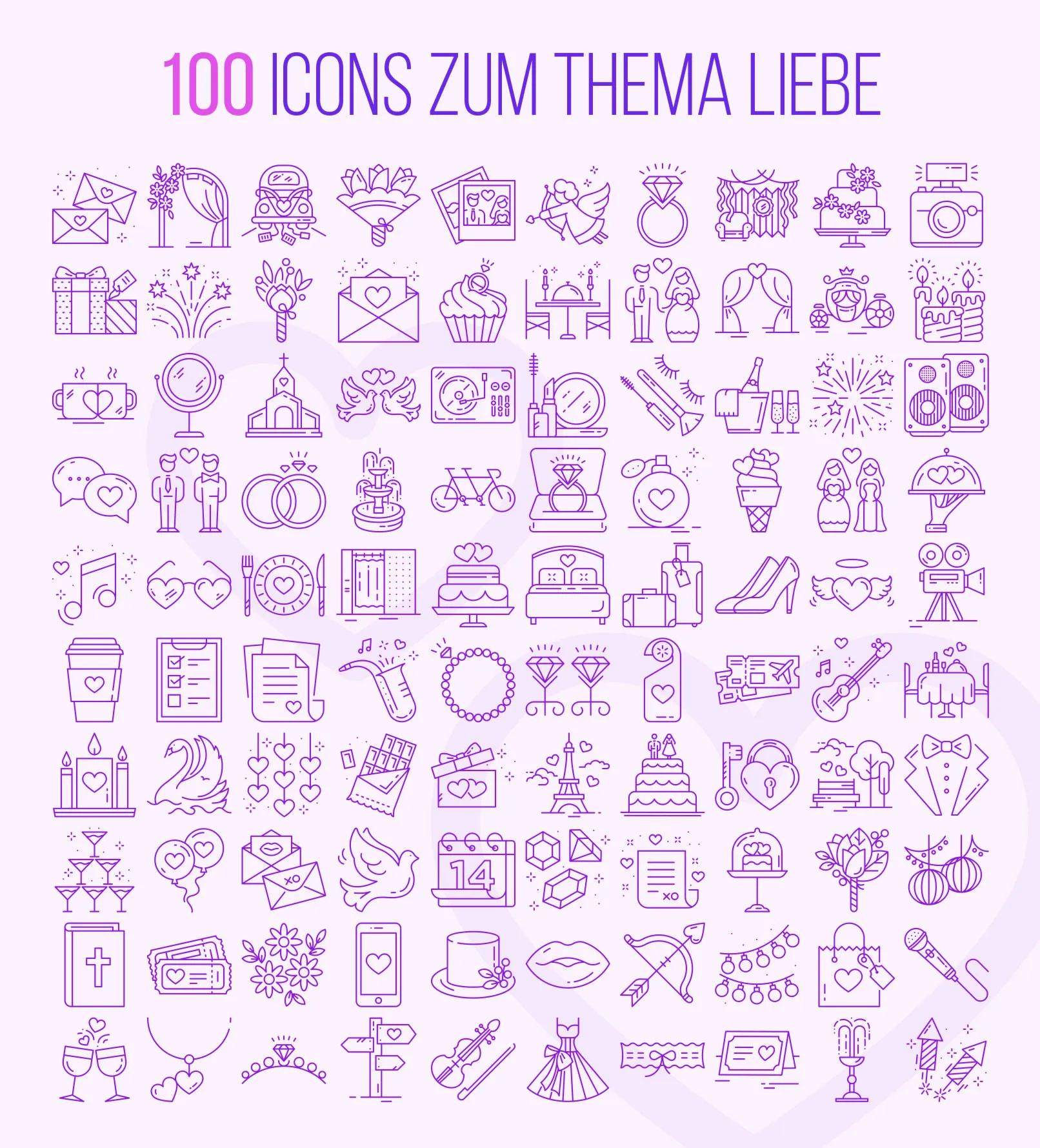 100 Icons zu den Themen Herz, Liebe, Romantik und Hochzeit