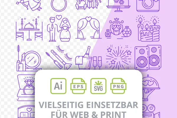 Icons zu den Themen Herz, Liebe, Romantik in vektor- und pixelbasierten Dateien