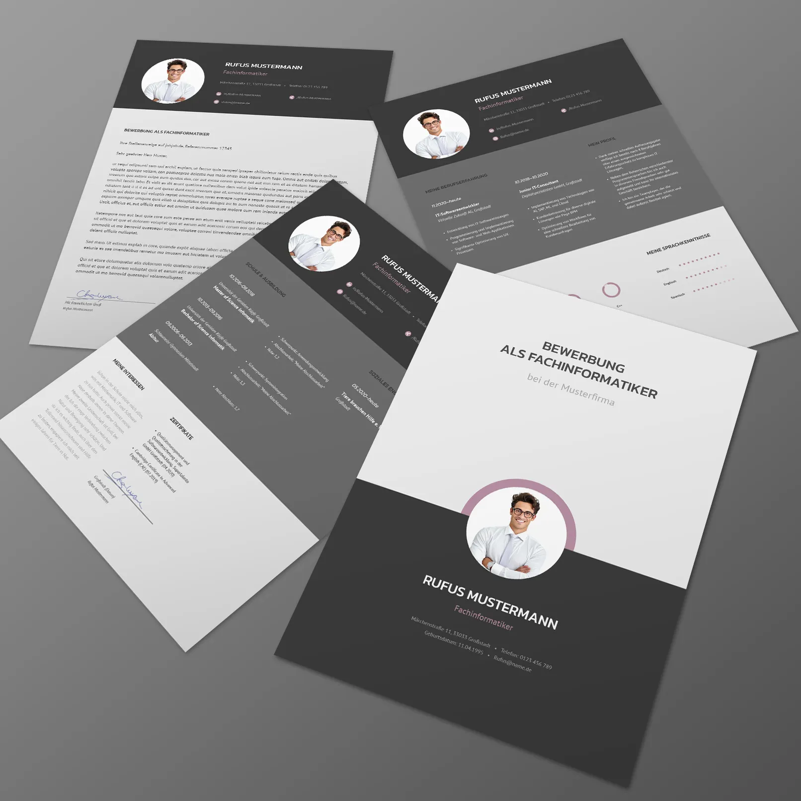 Alles drin für deine Bewerbung als Fachinformatiker/in: Deckblatt, Anschreiben-Seite und Lebenslauf. Design-Vorlage für die Bewerbung als Fachinformatiker/in mit Deckblatt, Anschreiben-Seite und Lebenslauf