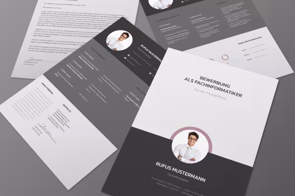 Designmal for søknad som IT-spesialist med forside, søknadsside og CV.