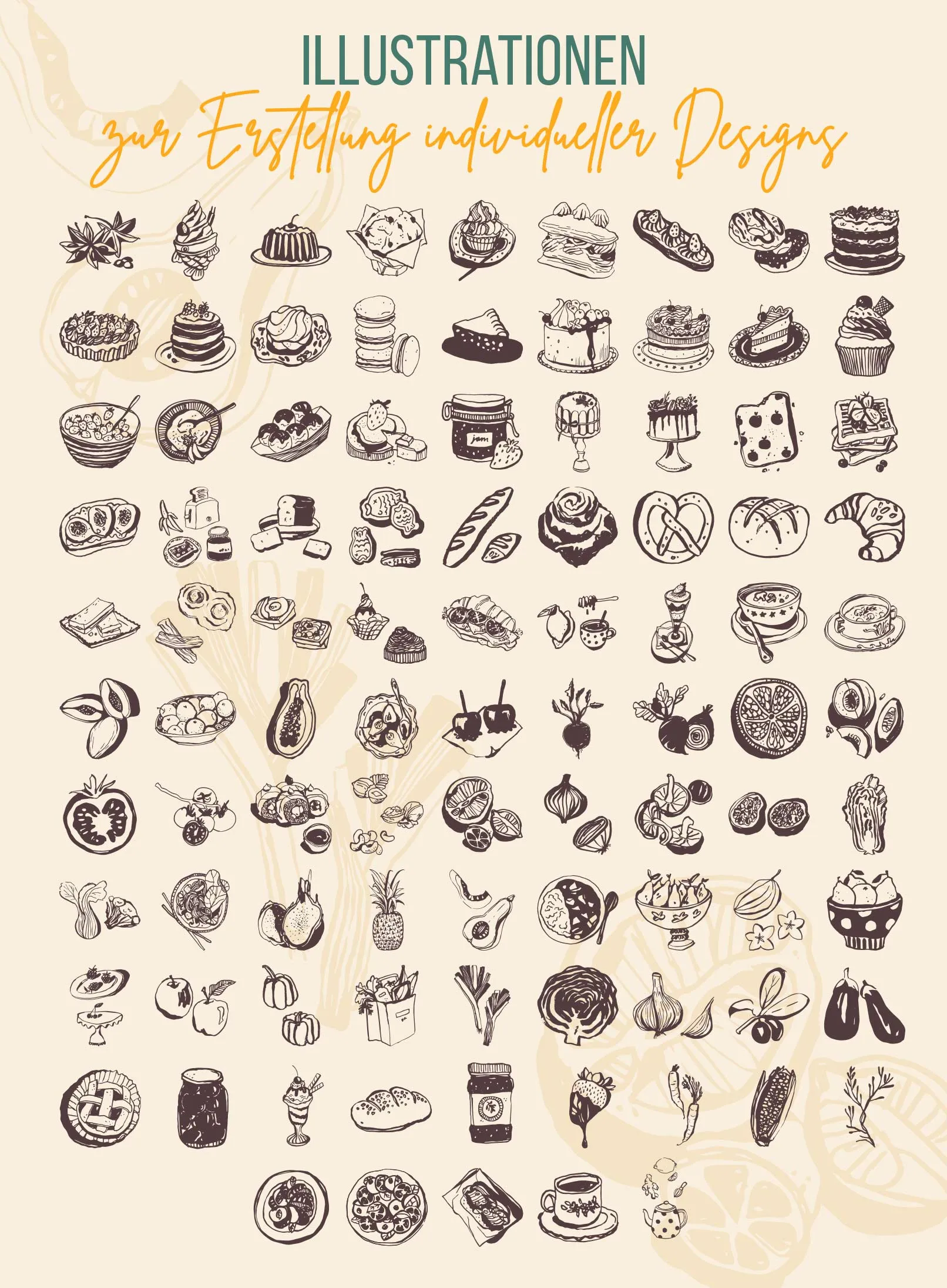 Bilder und Illustrationen mit Essen und Getränken für Restaurants, Bars, Cafés