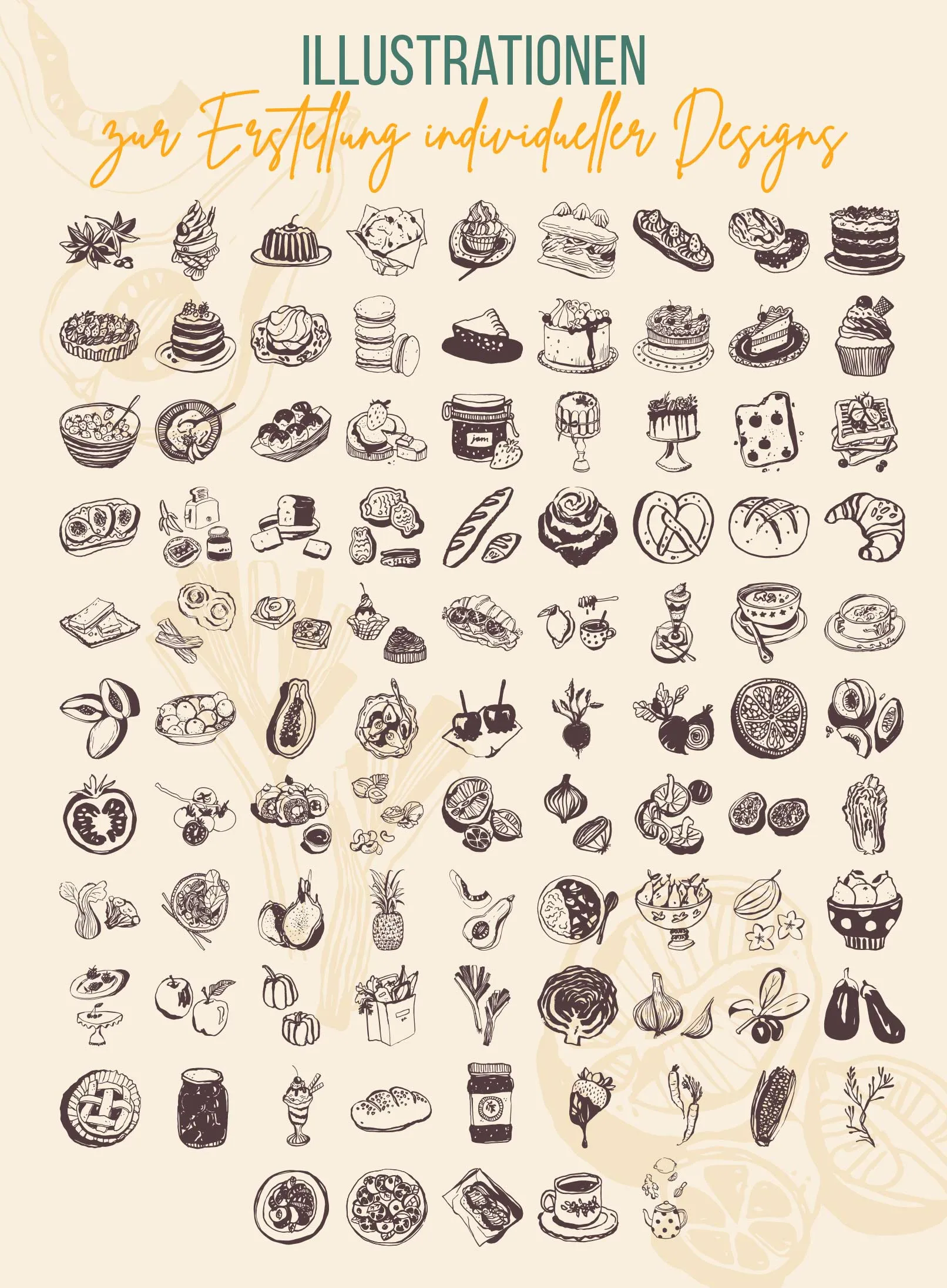 Billeder og illustrationer med mad og drikkevarer til restauranter, barer og caféer.
