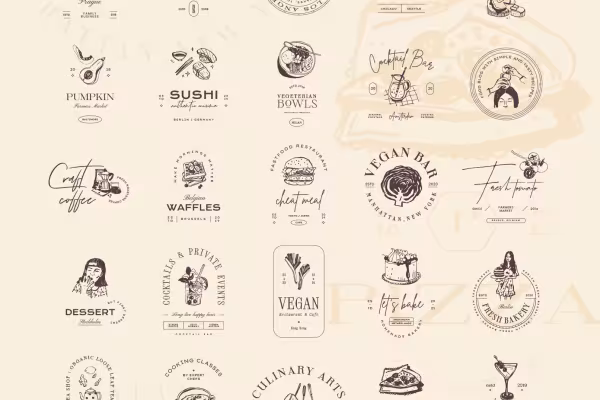 Logotipos con alimentos y bebidas para restaurantes, bares, cafeterías