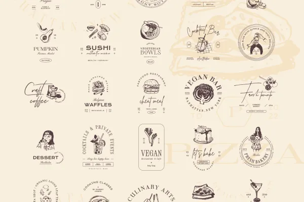 Logos mit Essen und Getränken für Restaurants, Bars, Cafés