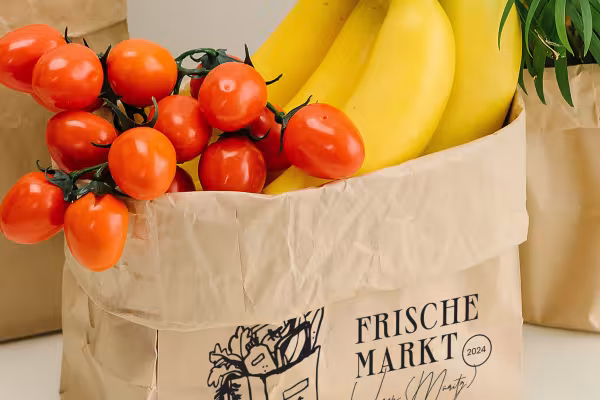 Bolsa de la compra con la ilustración de una bolsa y fruta, verdura