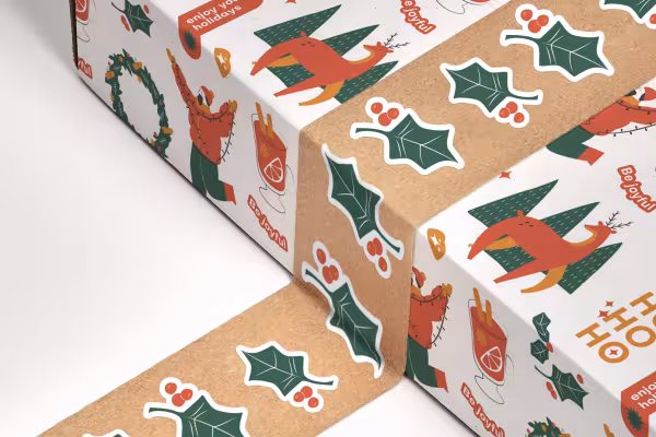 Regalo de Navidad con ilustraciones festivas como envoltorio