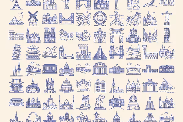 100 Grafik-Icons mit Sehenswürdigkeiten und Wahrzeichen aus aller Welt