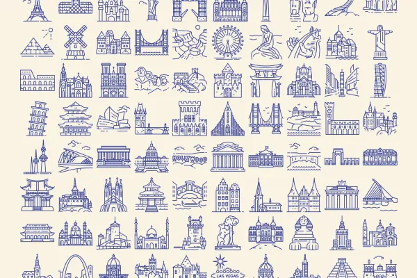 100 ikon graficznych z zabytkami i symbolami z całego świata.