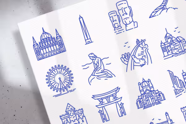 Icons mit verschiedenen Wahrzeichen und Sehenswürdigkeiten